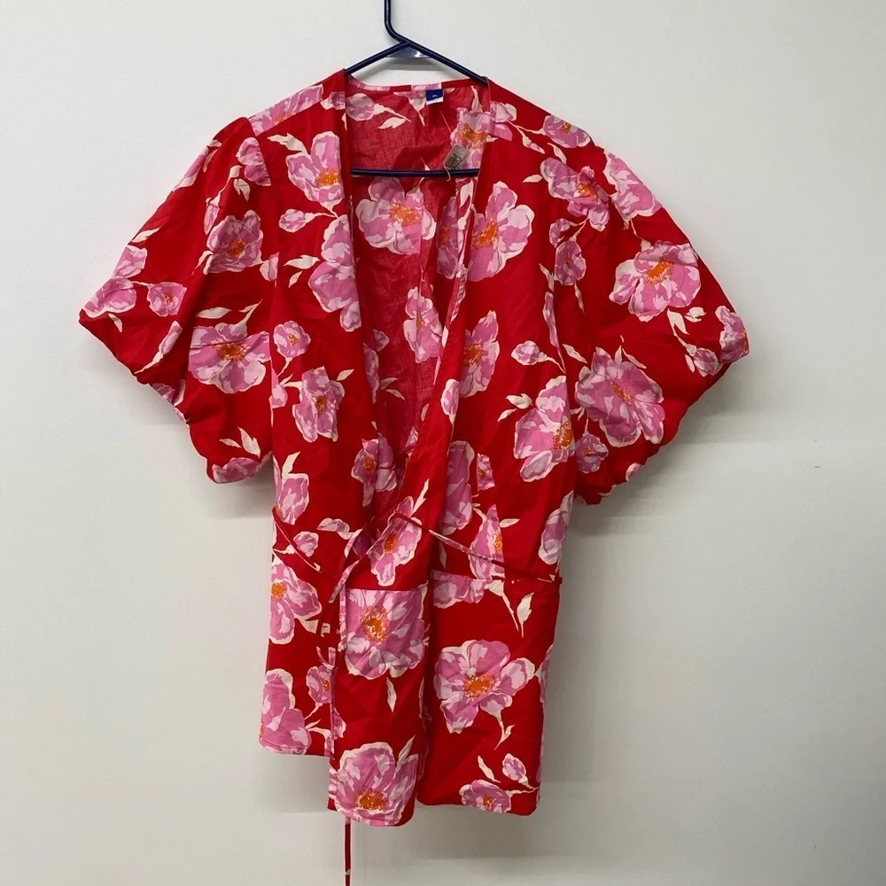 Old navy Waist-Defined Floral Puff-Sleeve Tie-Wrap Blouse